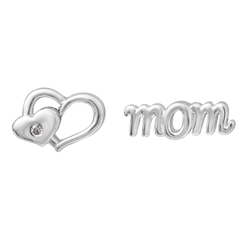 Sterling Silver Asymmetrical Heart And Mom Stud Earrings